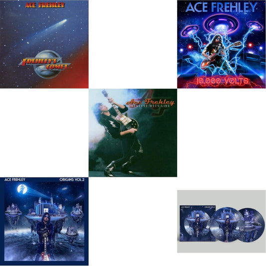 Ace Frehley - Greatest Hits Live & 10,000 Volts (Edge Only Splatter/Metal Gym Locker/Red Splatter LP Vinyl) & Origins Vol.2 (Blue & White LP Vinyl) & Origins: Vol. 2 (Picture Disc) & Frehley's Comet (Red & Blue Hand Poured Effect LP Vinyl)