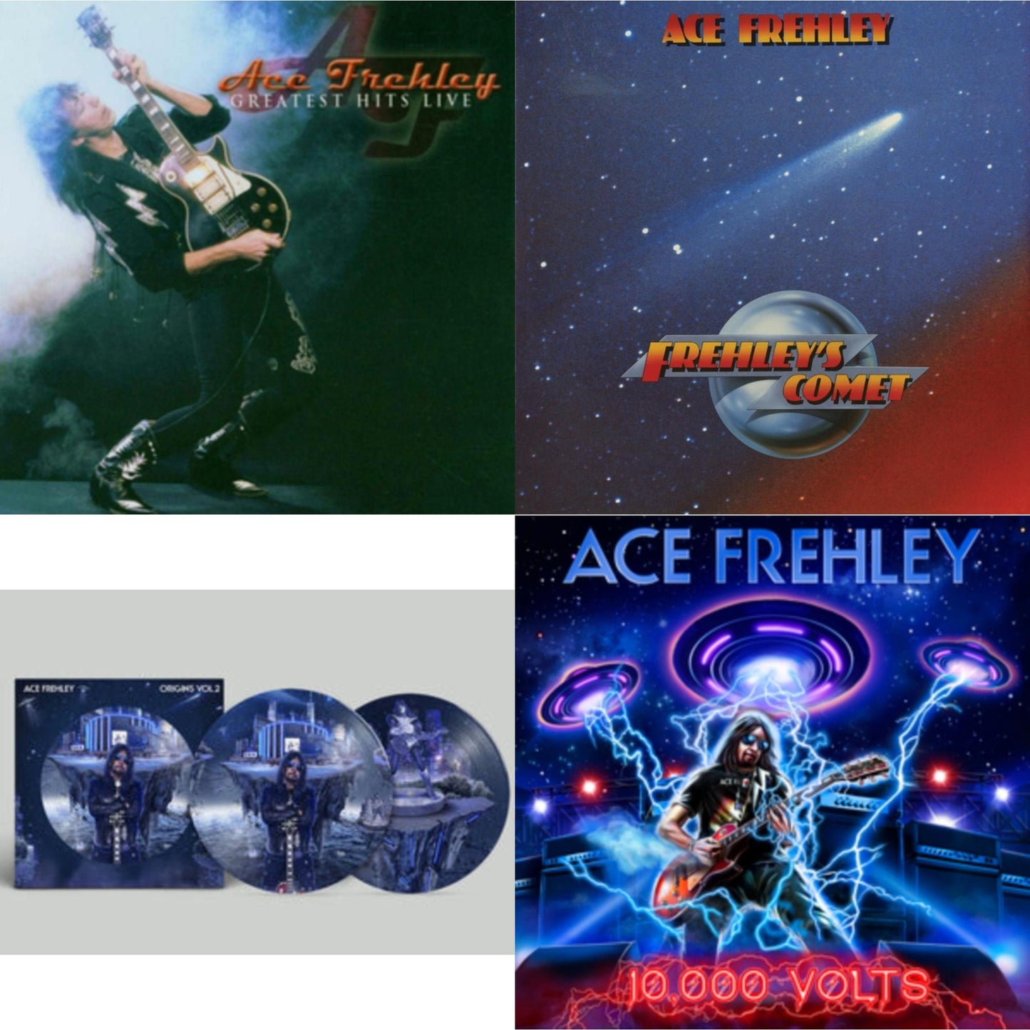 Ace Frehley - Greatest Hits Live & 10,000 Volts (Edge Only Splatter/Metal Gym Locker/Red Splatter LP Vinyl) & Origins: Vol. 2 (Picture Disc) & Frehley's Comet (Red & Blue Hand Poured Effect LP Vinyl)