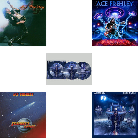 Ace Frehley - Greatest Hits Live & 10,000 Volts (Edge Only Splatter/Metal Gym Locker/Red Splatter LP Vinyl) & Origins Vol.2 (Blue & White LP Vinyl) & Origins: Vol. 2 (Picture Disc) & Frehley's Comet (Red & Blue Hand Poured Effect LP Vinyl)