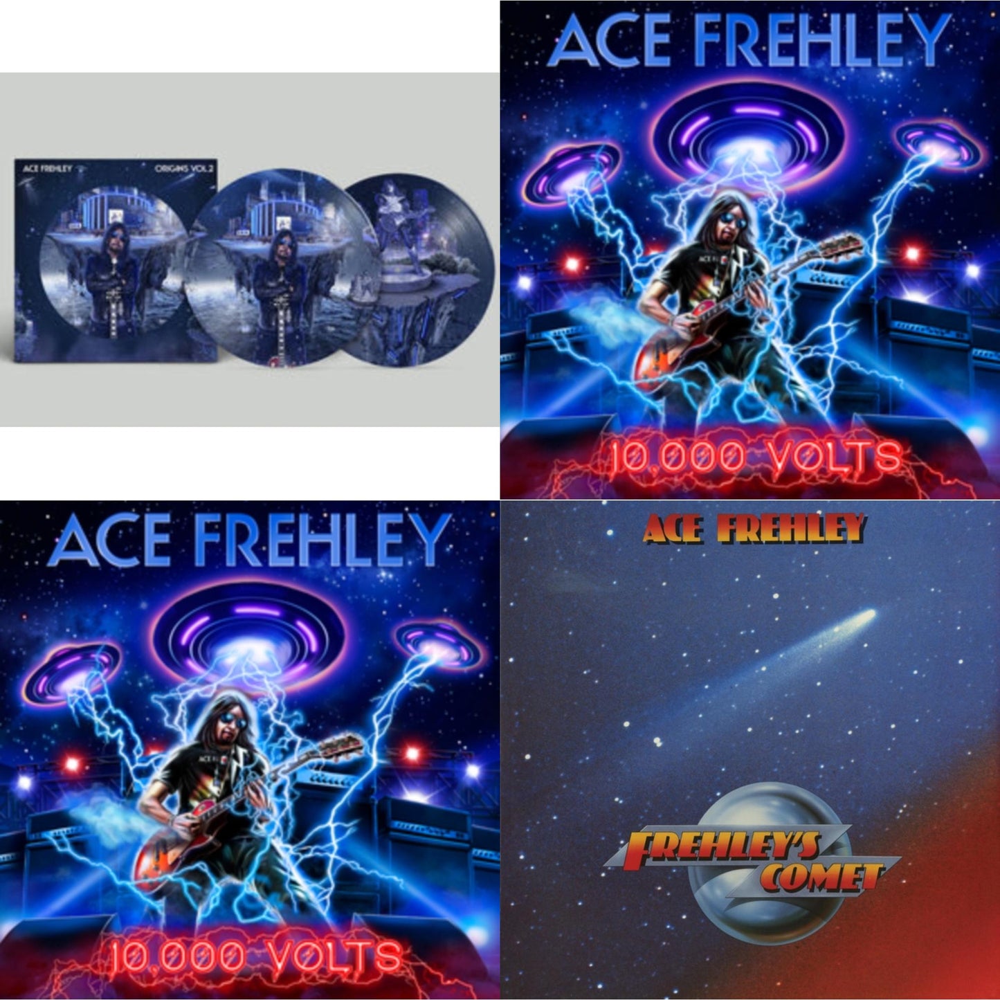 Ace Frehley - 10,000 Volts (Edge Only Splatter/Metal Gym Locker/Red Splatter LP Vinyl) & 10,000 Volts (Orange Tabby LP Vinyl) & Origins: Vol. 2 (Picture Disc) & Frehley's Comet (Red & Blue Hand Poured Effect LP Vinyl)