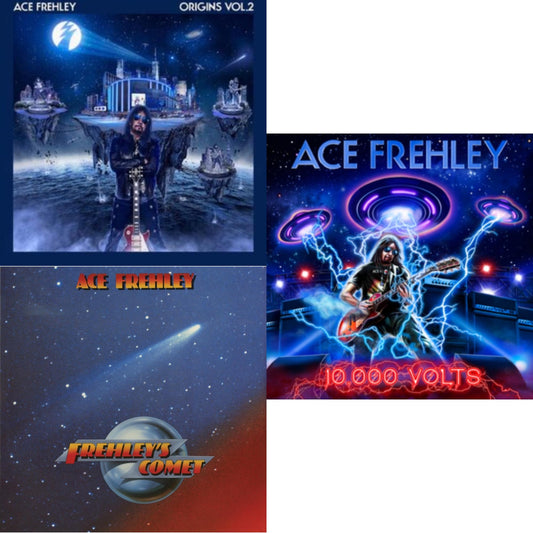 Ace Frehley - 10,000 Volts (Edge Only Splatter/Metal Gym Locker/Red Splatter LP Vinyl) & Origins Vol.2 (Blue & White LP Vinyl) & Frehley's Comet (Red & Blue Hand Poured Effect LP Vinyl)