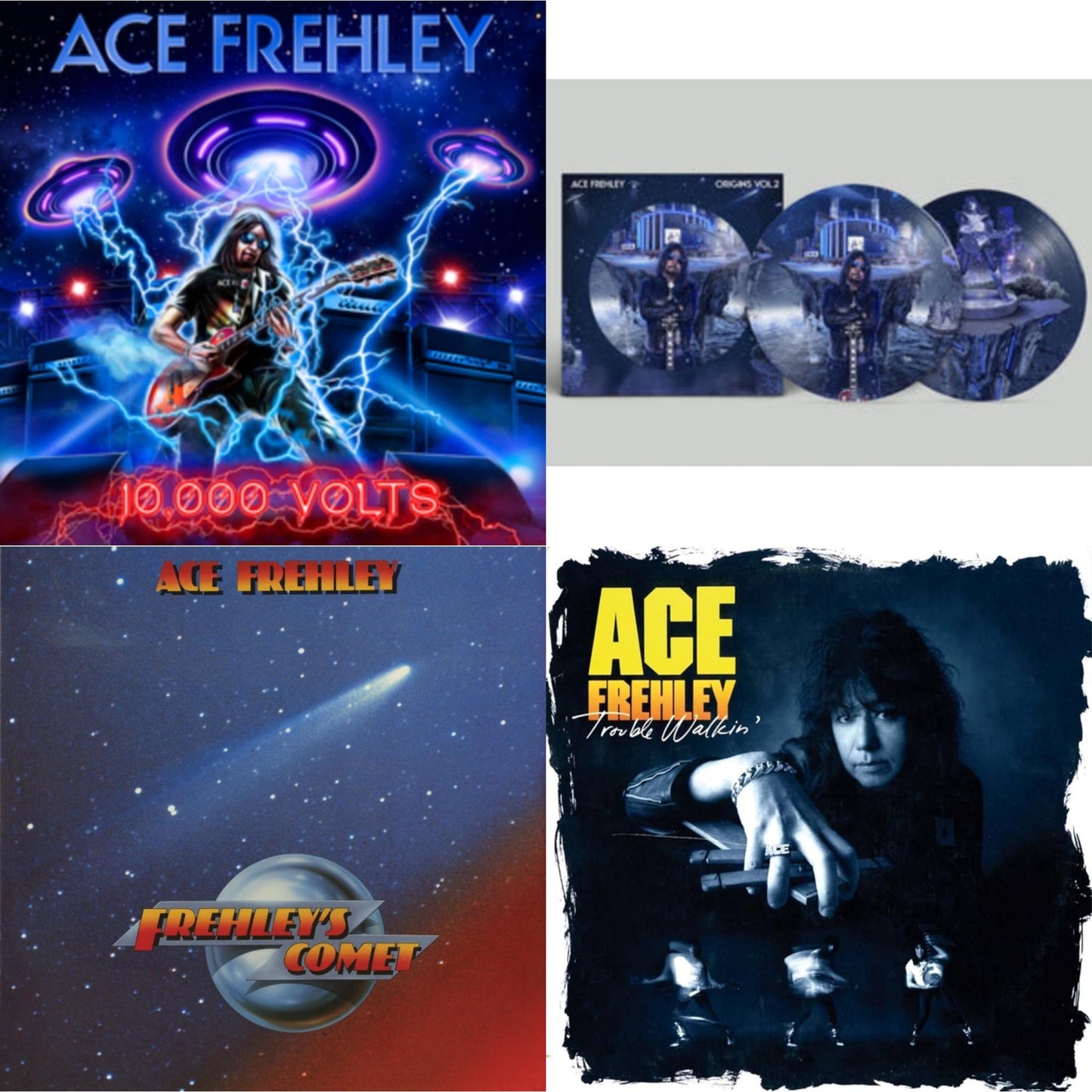 Ace Frehley - 10,000 Volts (Dragons Den LP Vinyl) & Origins: Vol. 2 (Picture Disc) & Frehley's Comet (Red & Blue Hand Poured Effect LP Vinyl) & Trouble Walkin (Oxblood Red Hide Your Heart Swirl LP Vinyl)