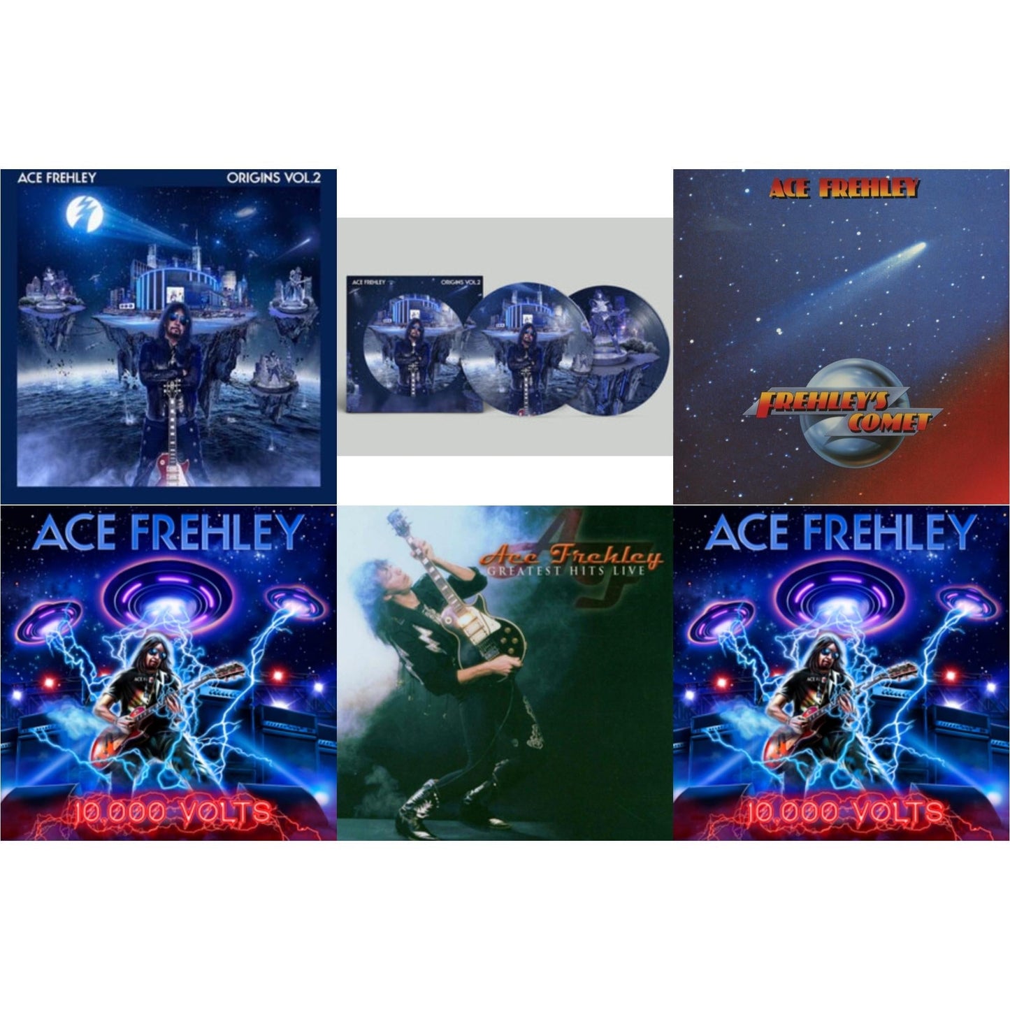 Ace Frehley - Greatest Hits Live & 10,000 Volts (Edge Only Splatter/Metal Gym Locker/Red Splatter LP Vinyl) & 10,000 Volts (Orange Tabby LP Vinyl) & Origins Vol.2 (Blue & White LP Vinyl) & Origins: Vol. 2 (Picture Disc) & Frehley's Comet (Red & Blue