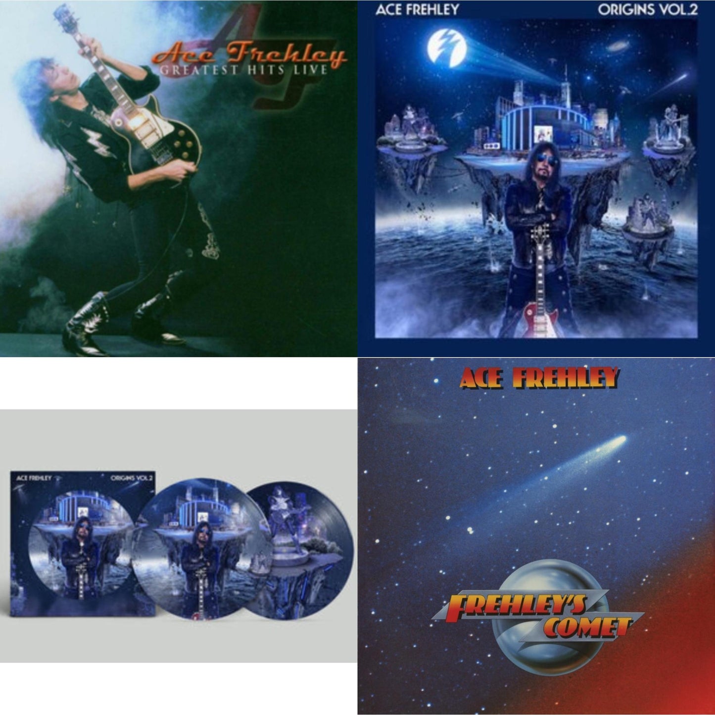 Ace Frehley - Greatest Hits Live & Origins Vol.2 (Blue & White LP Vinyl) & Origins: Vol. 2 (Picture Disc) & Frehley's Comet (Red & Blue Hand Poured Effect LP Vinyl)