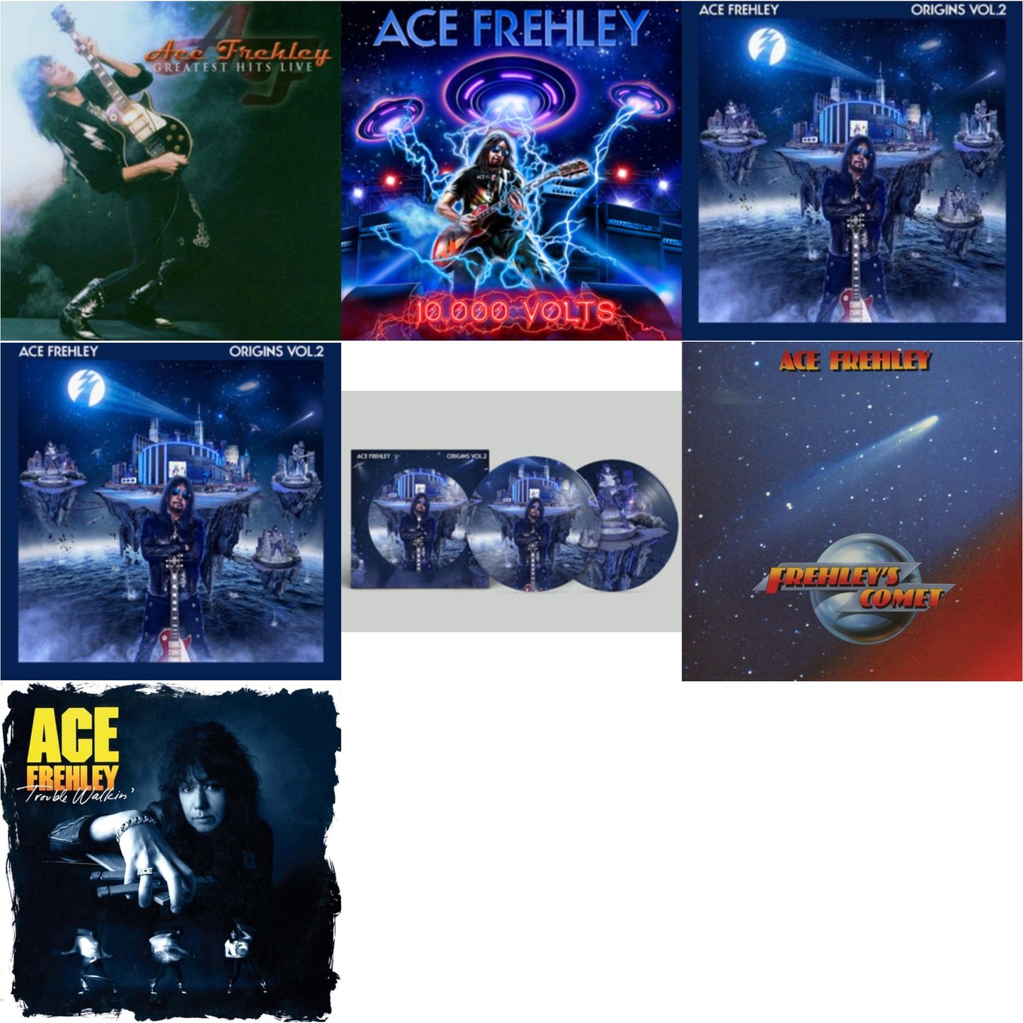 Ace Frehley - Greatest Hits Live & 10,000 Volts (Dragons Den LP Vinyl) & Origins Vol.2 (Blue & White LP Vinyl) & Origins: Vol. 2 (I) & Origins: Vol. 2 (Picture Disc) & Frehley's Comet (Red & Blue Hand Poured Effect LP Vinyl) & Trouble Walkin (Oxblood