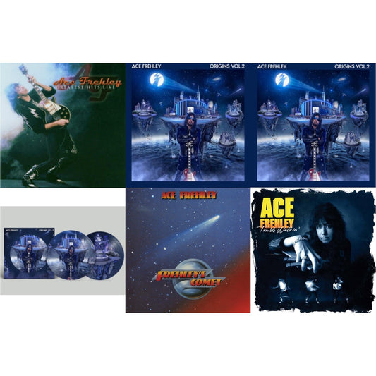 Ace Frehley - Greatest Hits Live & Origins Vol.2 (Blue & White LP Vinyl) & Origins: Vol. 2 (I) & Origins: Vol. 2 (Picture Disc) & Frehley's Comet (Red & Blue Hand Poured Effect LP Vinyl) & Trouble Walkin (Oxblood Red Hide Your Heart Swirl LP Vinyl)
