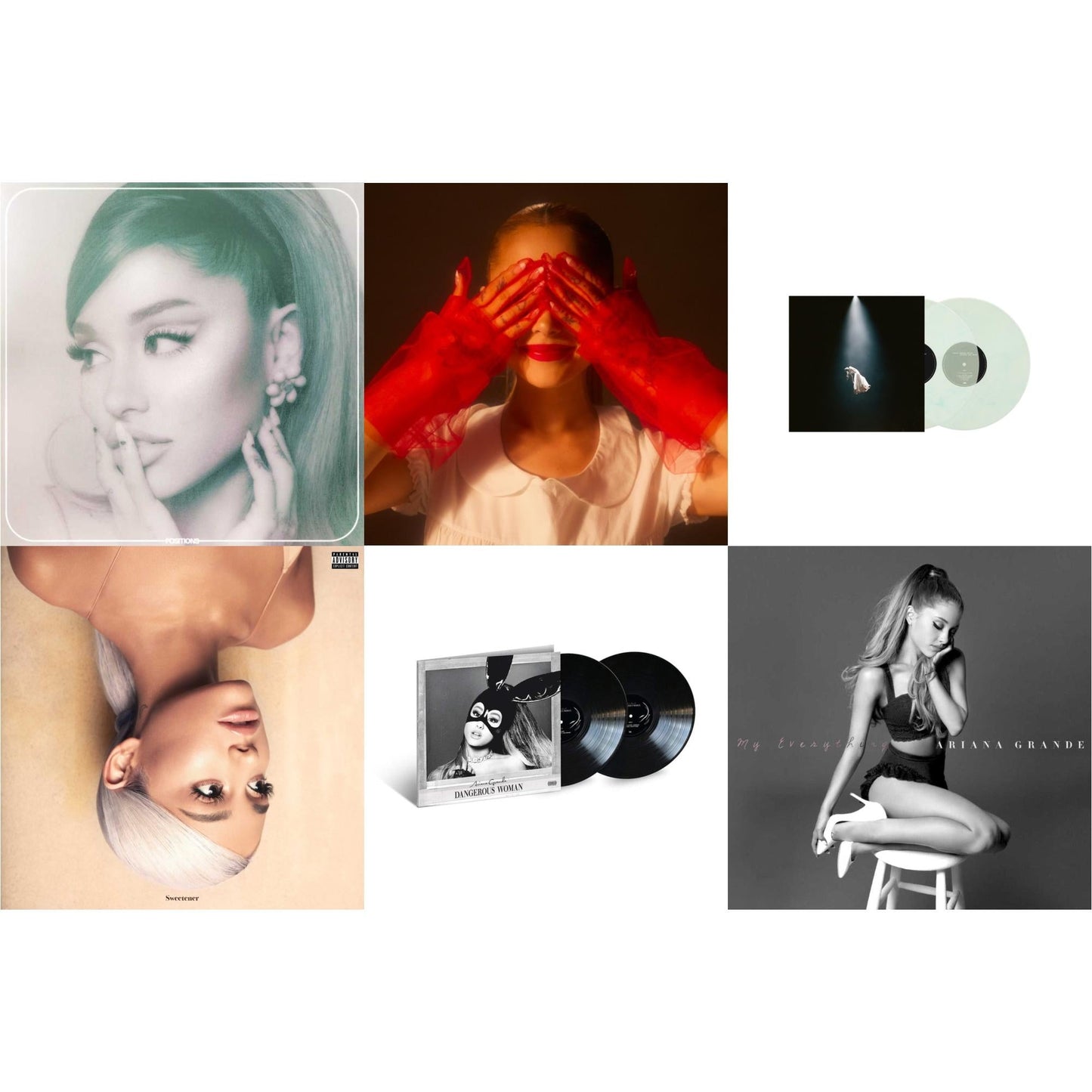 Ariana Grande - Positions (Coke Bottle Clear LP Vinyl) & Eternal Sunshine (X) (Ruby LP Vinyl) & Eternal Sunshine Deluxe: Brighter Days Ahead (X) (Translucent Marble Vinyl/2LP) & Sweetener (X) (2LP) & Dangerous Woman (2LP) & My Everything