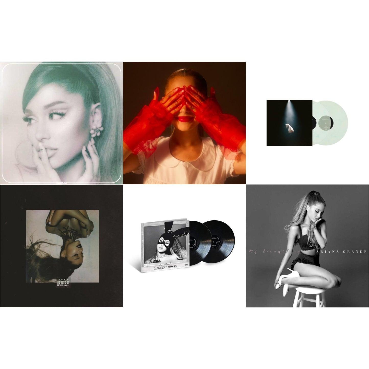 Ariana Grande - Positions (Coke Bottle Clear LP Vinyl) & Eternal Sunshine (X) (Ruby LP Vinyl) & Eternal Sunshine Deluxe: Brighter Days Ahead (X) (Translucent Marble Vinyl/2LP) & Thank U, Next & Dangerous Woman (2LP) & My Everything