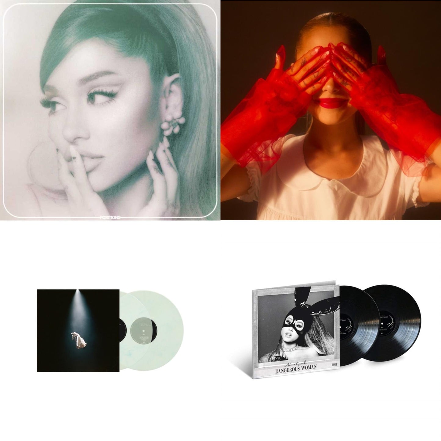 Ariana Grande - Positions (Coke Bottle Clear LP Vinyl) & Eternal Sunshine (X) (Ruby LP Vinyl) & Eternal Sunshine Deluxe: Brighter Days Ahead (X) (Translucent Marble Vinyl/2LP) & Dangerous Woman (2LP)
