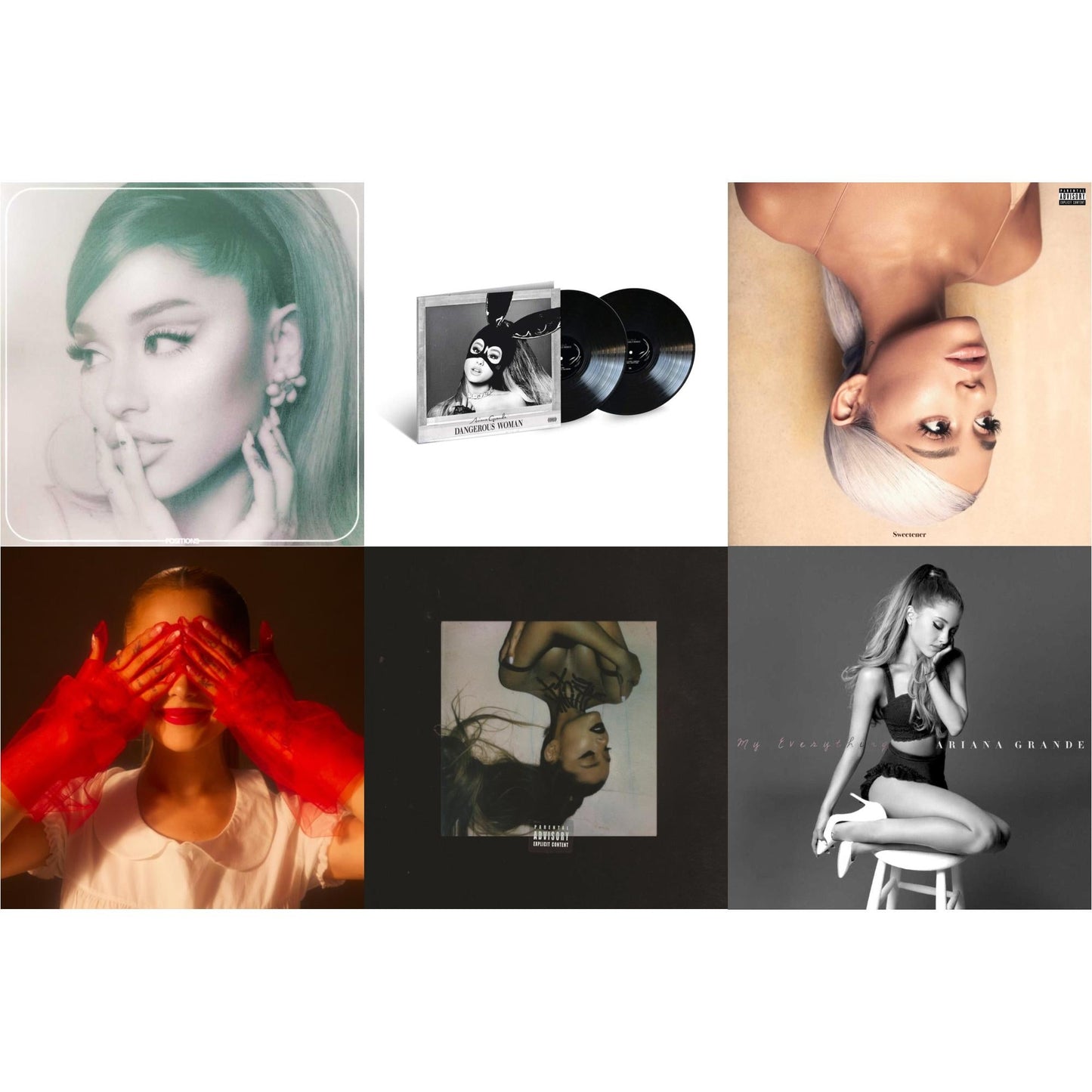 Ariana Grande - Positions (Coke Bottle Clear LP Vinyl) & Eternal Sunshine (X) (Ruby LP Vinyl) & Sweetener (X) (2LP) & Thank U, Next & Dangerous Woman (2LP) & My Everything