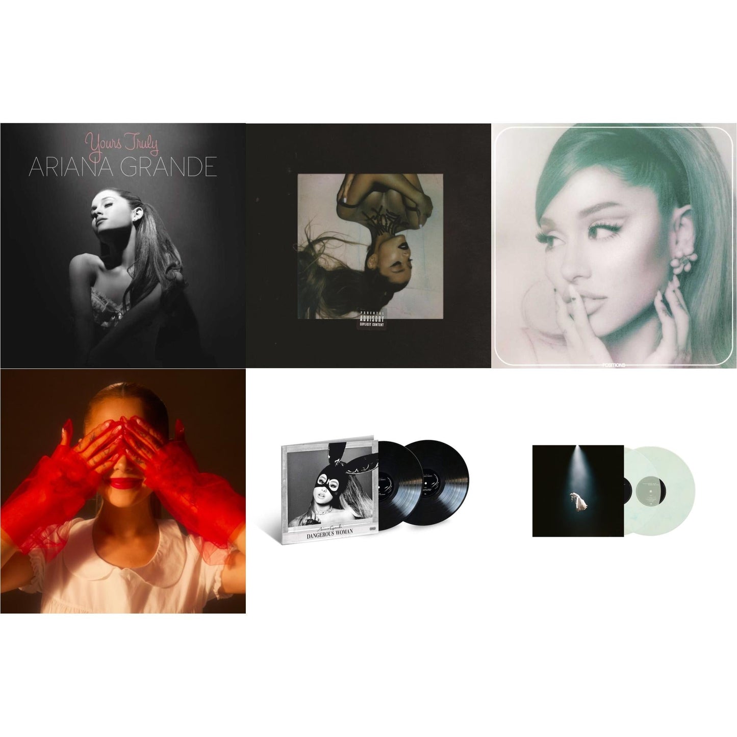 Ariana Grande - Positions (Coke Bottle Clear LP Vinyl) & Eternal Sunshine (X) (Ruby LP Vinyl) & Eternal Sunshine Deluxe: Brighter Days Ahead (X) (Translucent Marble Vinyl/2LP) & Thank U, Next & Dangerous Woman (2LP) & Yours Truly (180G)