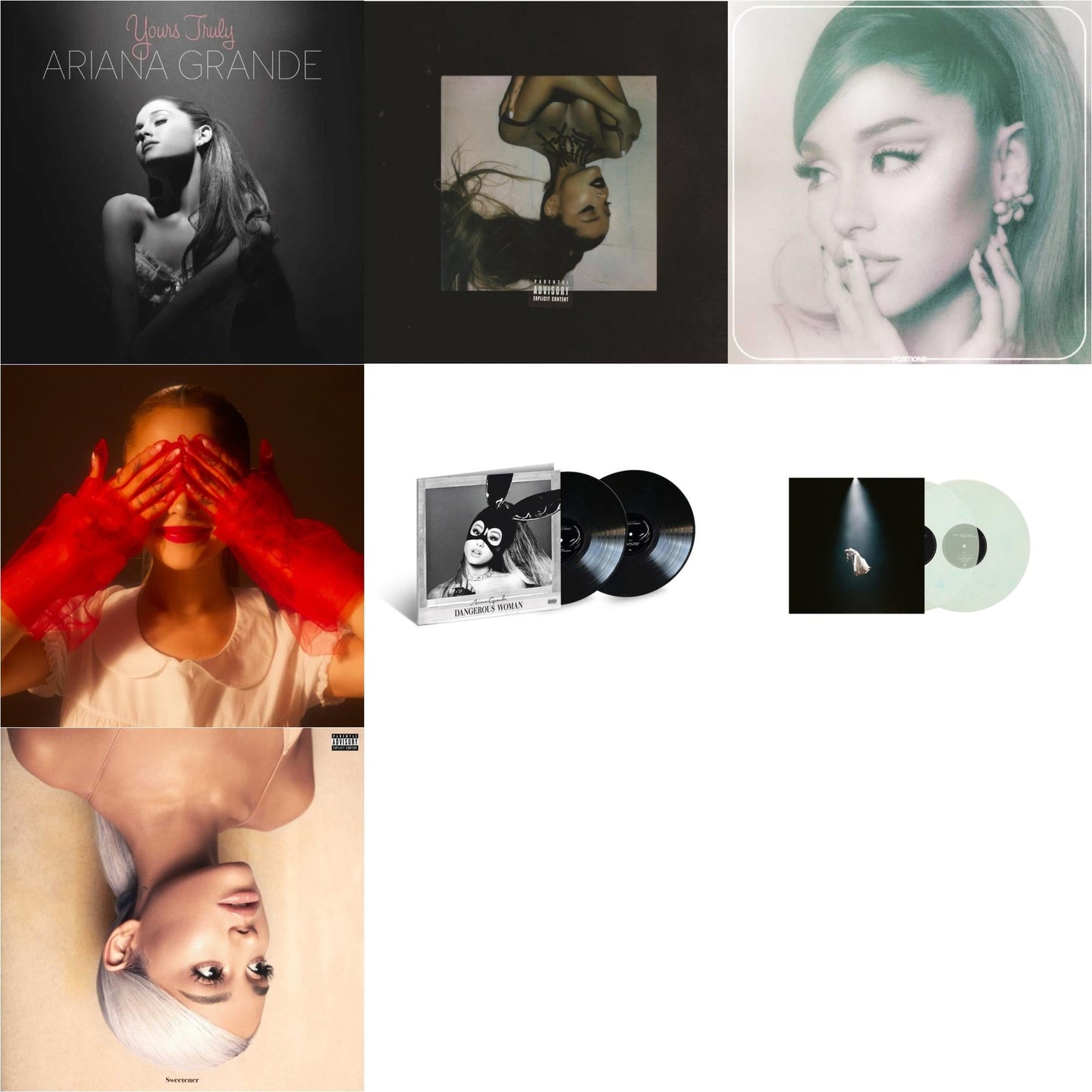Ariana Grande - Positions (Coke Bottle Clear LP Vinyl) & Eternal Sunshine (X) (Ruby LP Vinyl) & Eternal Sunshine Deluxe: Brighter Days Ahead (X) (Translucent Marble Vinyl/2LP) & Sweetener (X) (2LP) & Thank U, Next & Dangerous Woman (2LP) & Yours