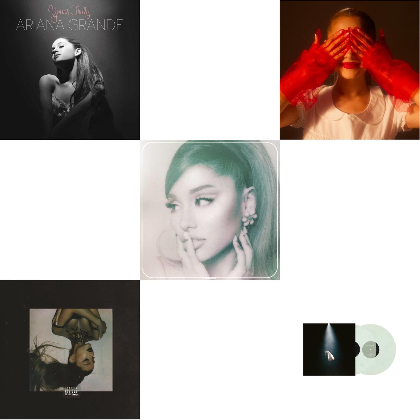 Ariana Grande - Positions (Coke Bottle Clear LP Vinyl) & Eternal Sunshine (X) (Ruby LP Vinyl) & Eternal Sunshine Deluxe: Brighter Days Ahead (X) (Translucent Marble Vinyl/2LP) & Thank U, Next & Yours Truly (180G)
