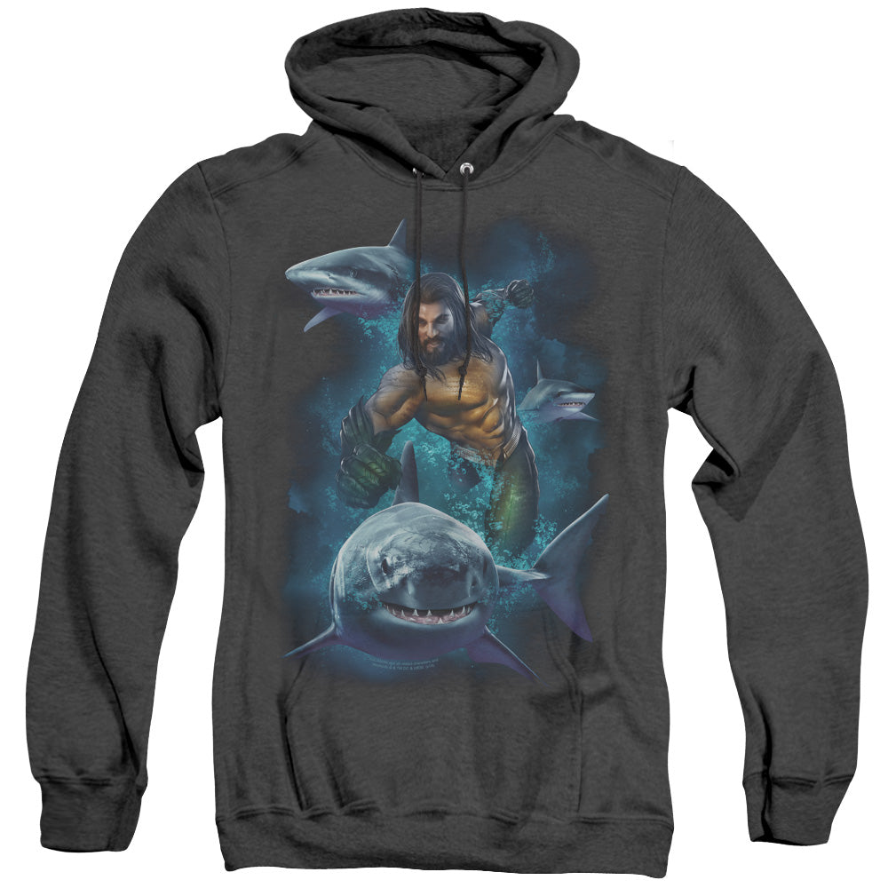 Aquaman Movie Swimming With Sharks Heather Mens Hoodie Black Officially Licensed