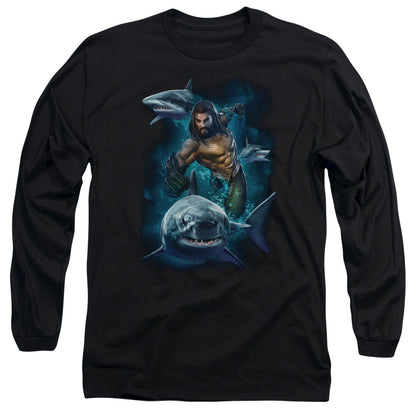 Aquaman Movie Swimming With Sharks Mens Long Sleeve Shirt Black Officially Licensed