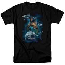 Load image into Gallery viewer, Aquaman Movie Swimming With Sharks Mens T Shirt Black