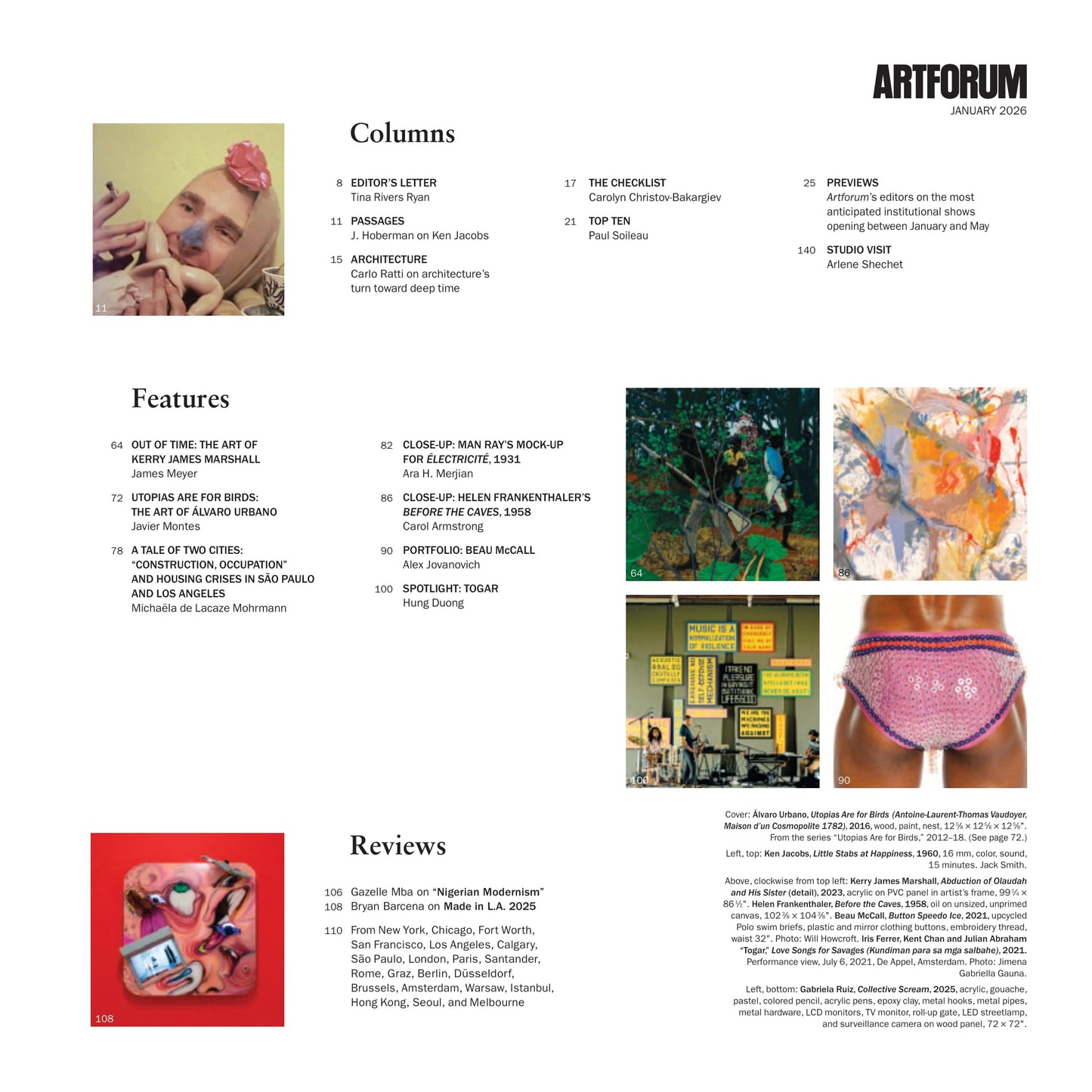 Artforum - January 2026: Art Of Kerry James Marshall, Álvaro Urbano’s Bird Utopias, Nigerian Modernism, Close-Up Of Man Ray’s Mock-Up For Electricity, Helen Frankenthaler’s Before The Caves & More!