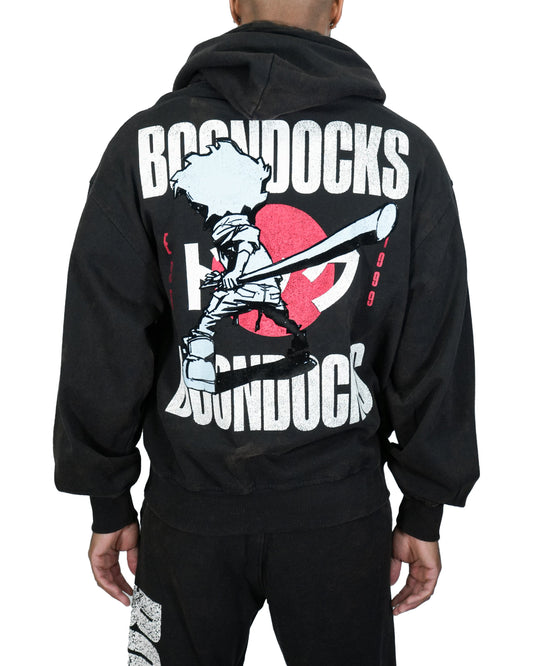 The Boondocks Huey Samurai Warrior Oversized Black Acid Wash Mens Hoodie