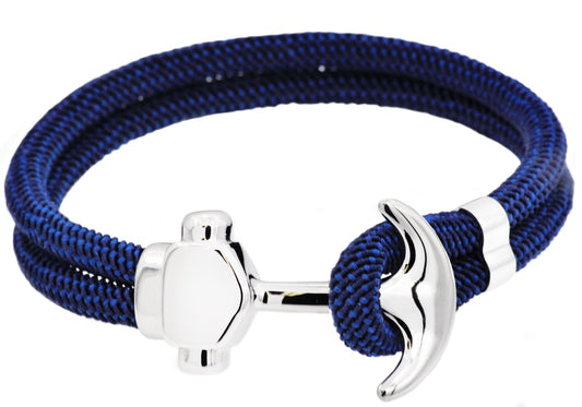 Mens Navy Twisted Cotton Rope Stainless Steel Anchor Bracelet