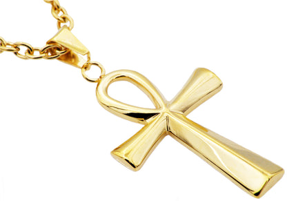 Mens Gold Stainless Steel Ankh Cross Pendant