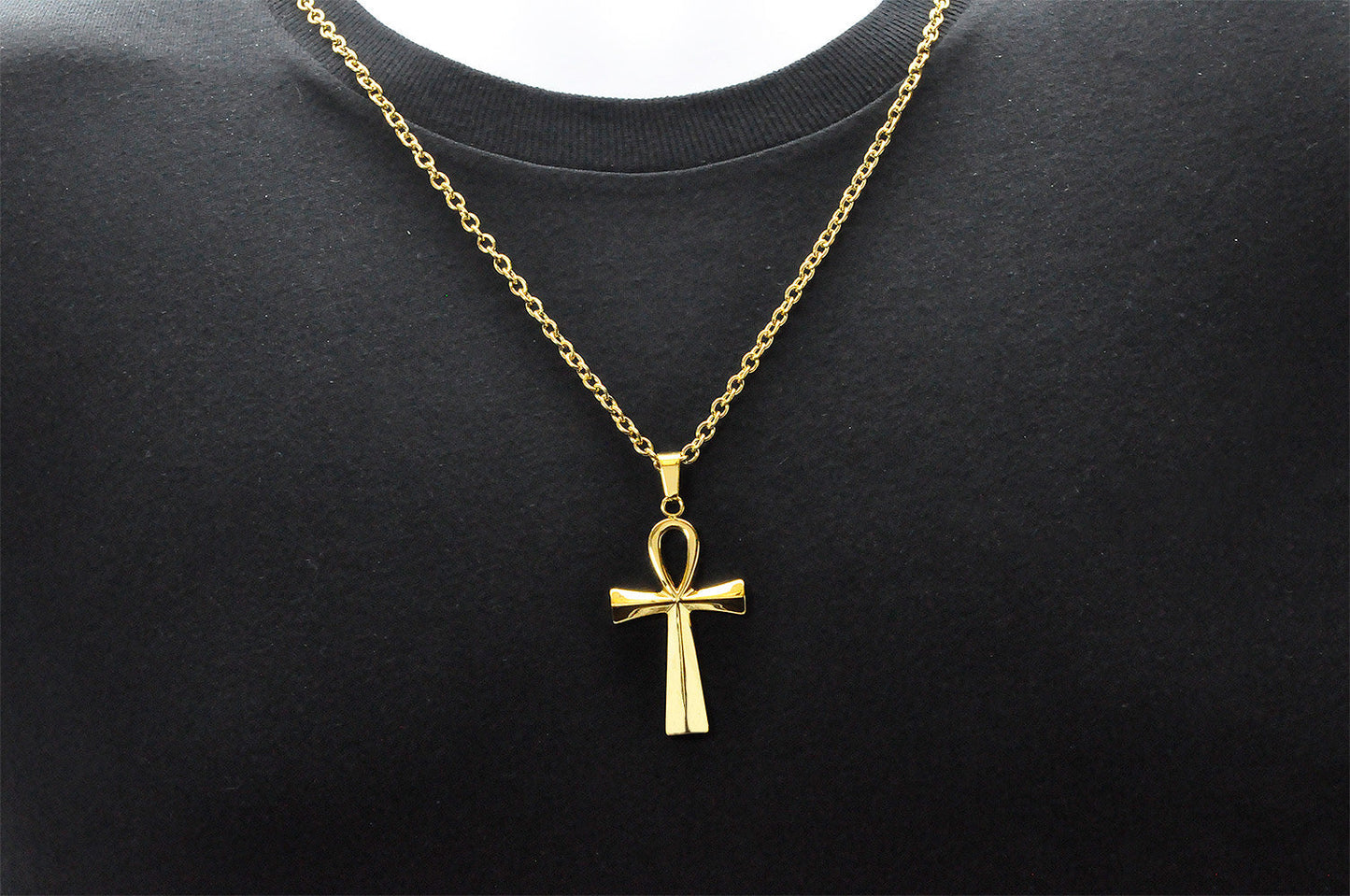 Mens Gold Stainless Steel Ankh Cross Pendant
