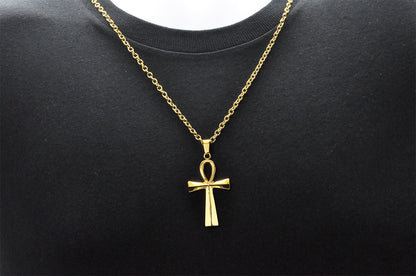 Mens Gold Stainless Steel Ankh Cross Pendant