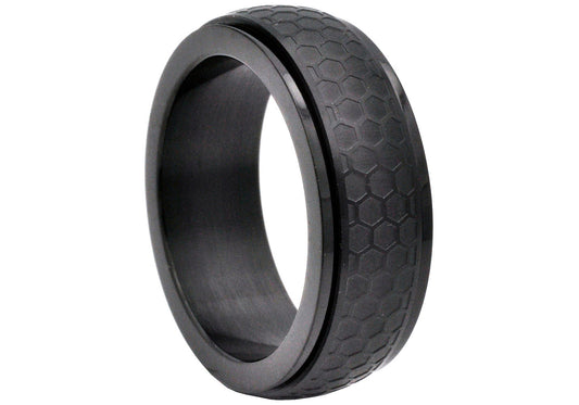 Mens Black Honey Comb Textured Stainless Steel Spinner Band