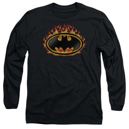 Batman Bat Flames Shield Mens Long Sleeve Shirt Black Officially Licensed