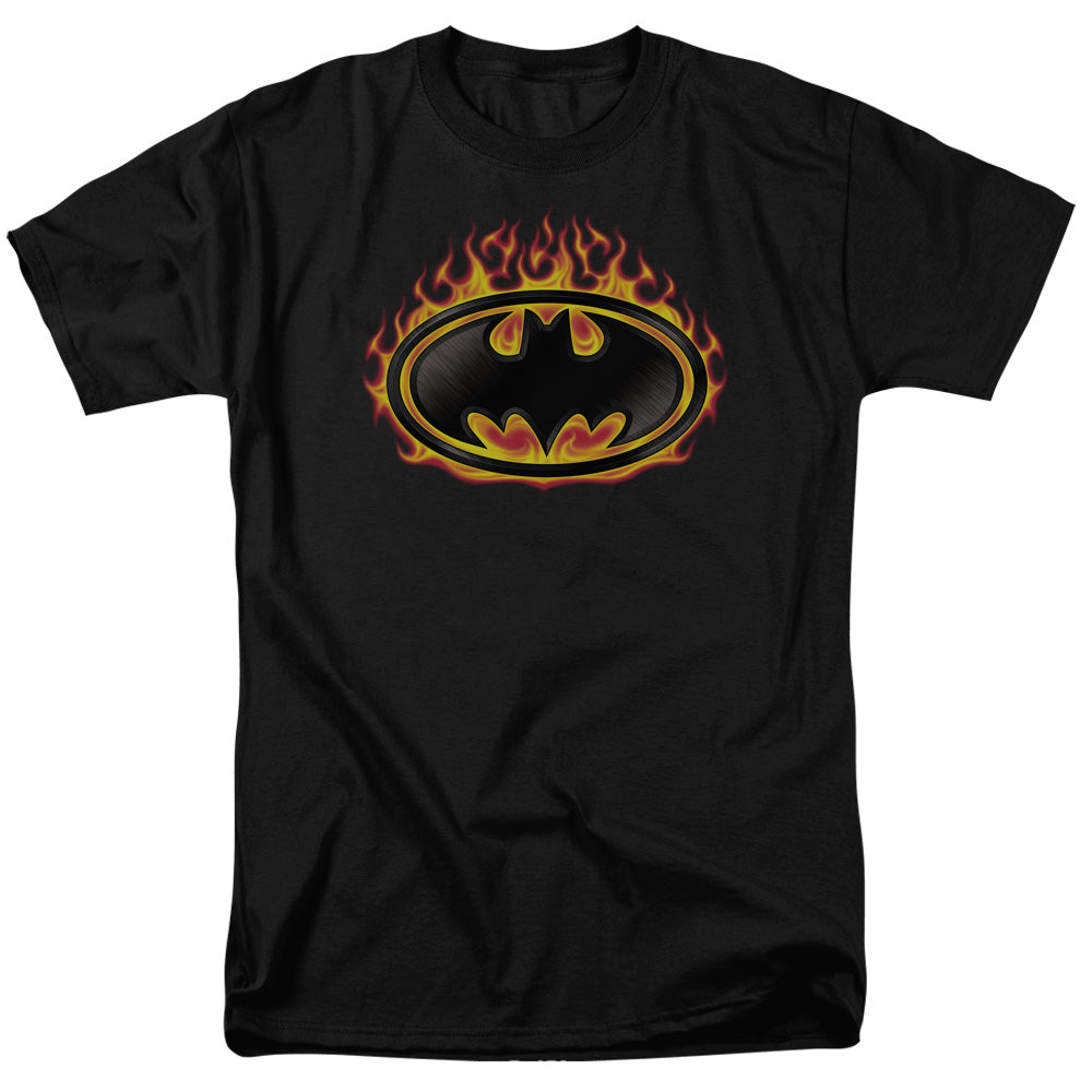 Batman Bat Flames Shield Mens T Shirt Black