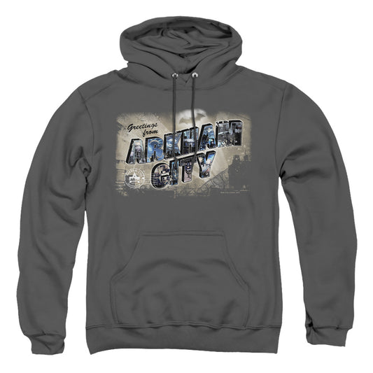 Arkham City Greetings From Arkham Mens Hoodie Charcoal Officially Licensed