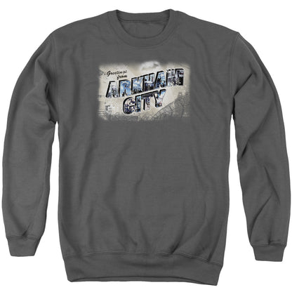 Arkham City Greetings From Arkham Mens Crewneck Sweatshirt Charcoal