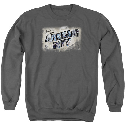 Arkham City Greetings From Arkham Mens Crewneck Sweatshirt Charcoal