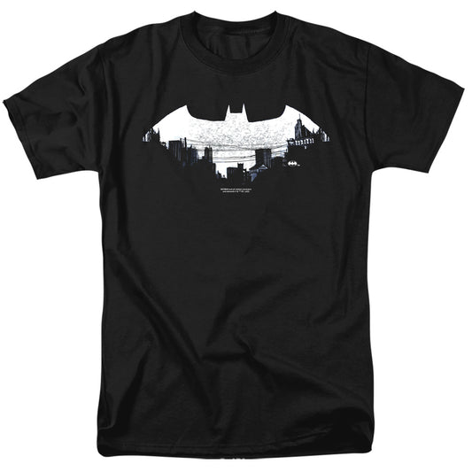 Batman Bat Logo Cityscape Mens T Shirt Black