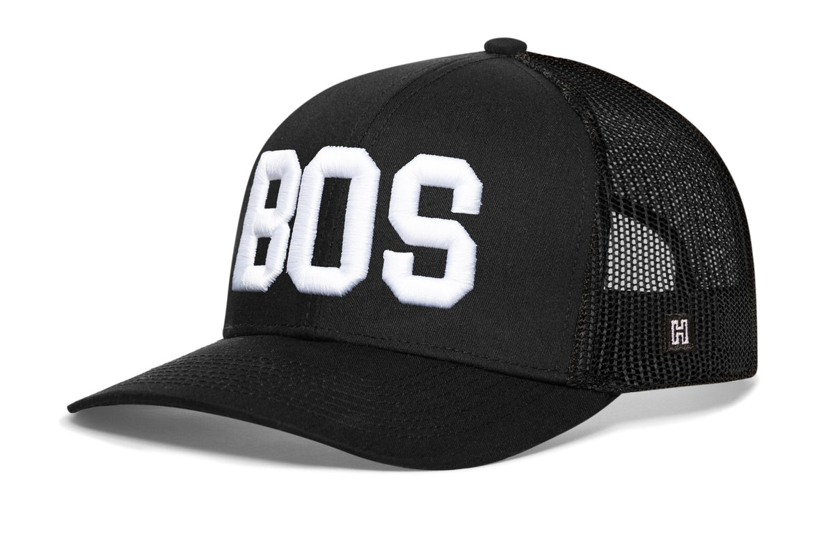 Boston White Block Trucker Hat  |  Black Massachusetts Snapback