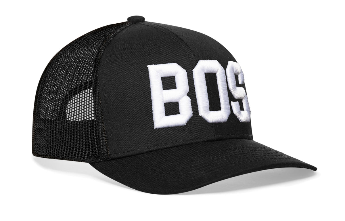Boston White Block Trucker Hat  |  Black Massachusetts Snapback