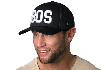 Boston White Block Trucker Hat  |  Black Massachusetts Snapback