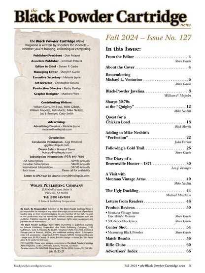 Black Powder Cartridge News - Fall 2024: Remembering Michael Venturino, Following A Cold Trail, Black-Powder Javelina, The Diary Of A Brownsville Hunter, Quest For A Chicken Load & More!