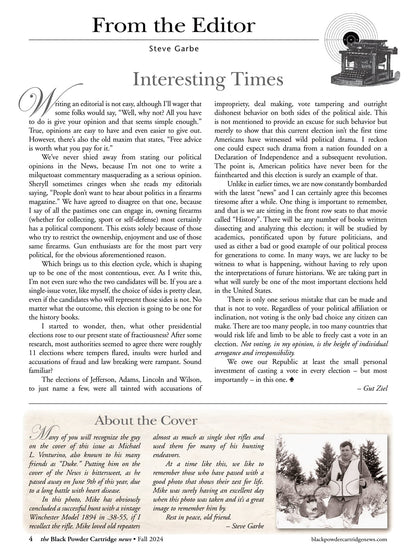 Black Powder Cartridge News - Fall 2024: Remembering Michael Venturino, Following A Cold Trail, Black-Powder Javelina, The Diary Of A Brownsville Hunter, Quest For A Chicken Load & More!