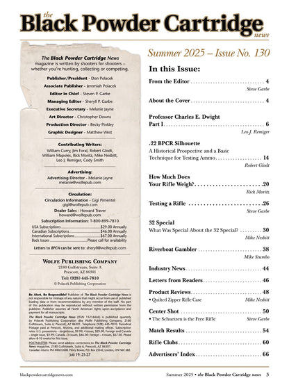 Black Powder Cartridge News - Summer 2025: The Schuetzen, Tips & Techniques For Accuracy, The .22 BPCR Silhouette, Quilted Zipper Rifle Case Reviews, Professor Charles E. Dwight & More!