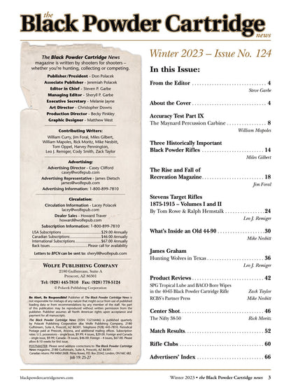 Black Powder Cartridge News - Winter 2023: 3 Historically Important Black Powder Rifles, Maynard Percussion Carbine, What's Inside An Old 44-90, Stevens Target Rifles, Hunting Wolves & Reviews!