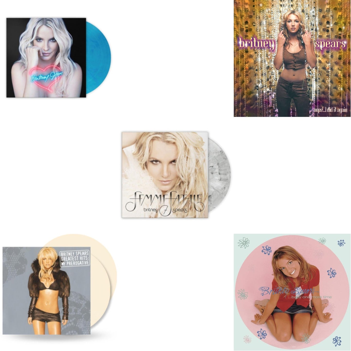 Britney Spears - Baby One More Time (Picture Disc/140G/Dl Code) & Oops!... I Did It Again & Britney Jean (Blue Marbled LP Vinyl/Import) & Femme Fatale (Light Grey Marbled LP Vinyl/Import) & Greatest Hits: My Prerogative (2LP/Cream Vinyl/Import)