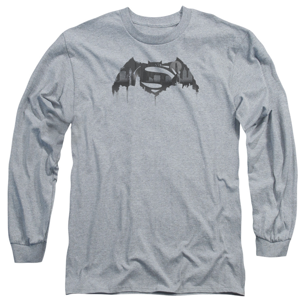 Batman V Superman Cityscape Logo Mens Long Sleeve Shirt Athletic Heather Officially Licensed