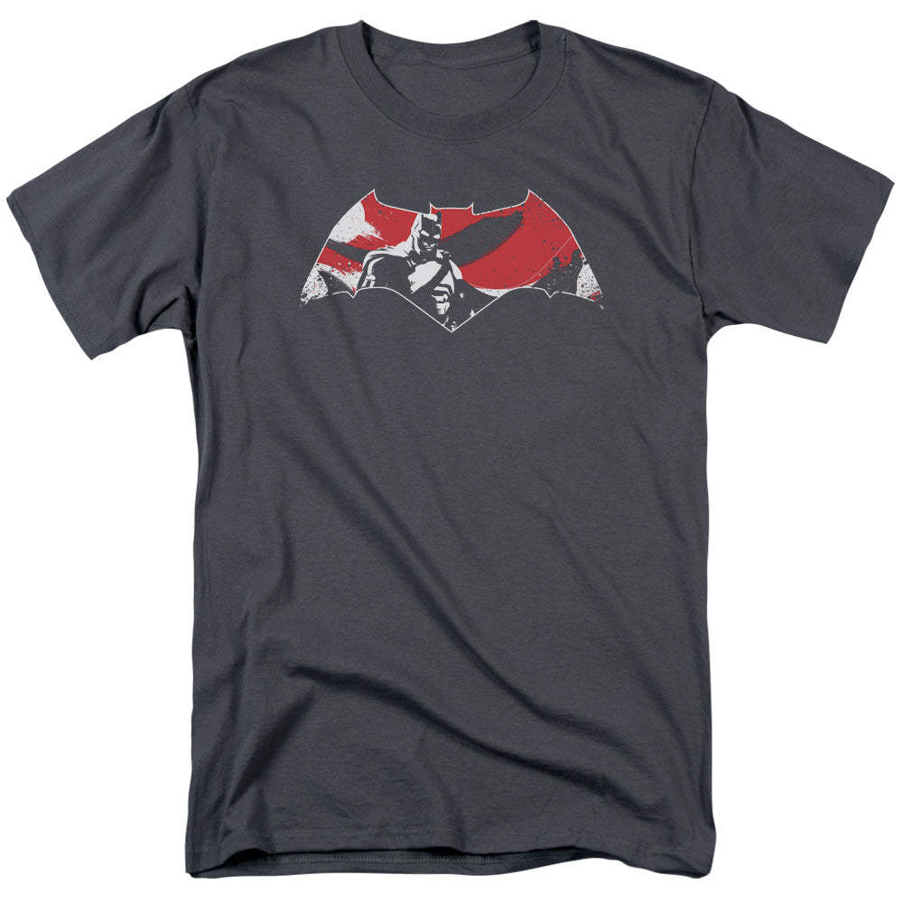 Batman V Superman Armor Splatter Logo Mens T Shirt Charcoal