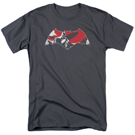 Batman V Superman Armor Splatter Logo Mens T Shirt Charcoal