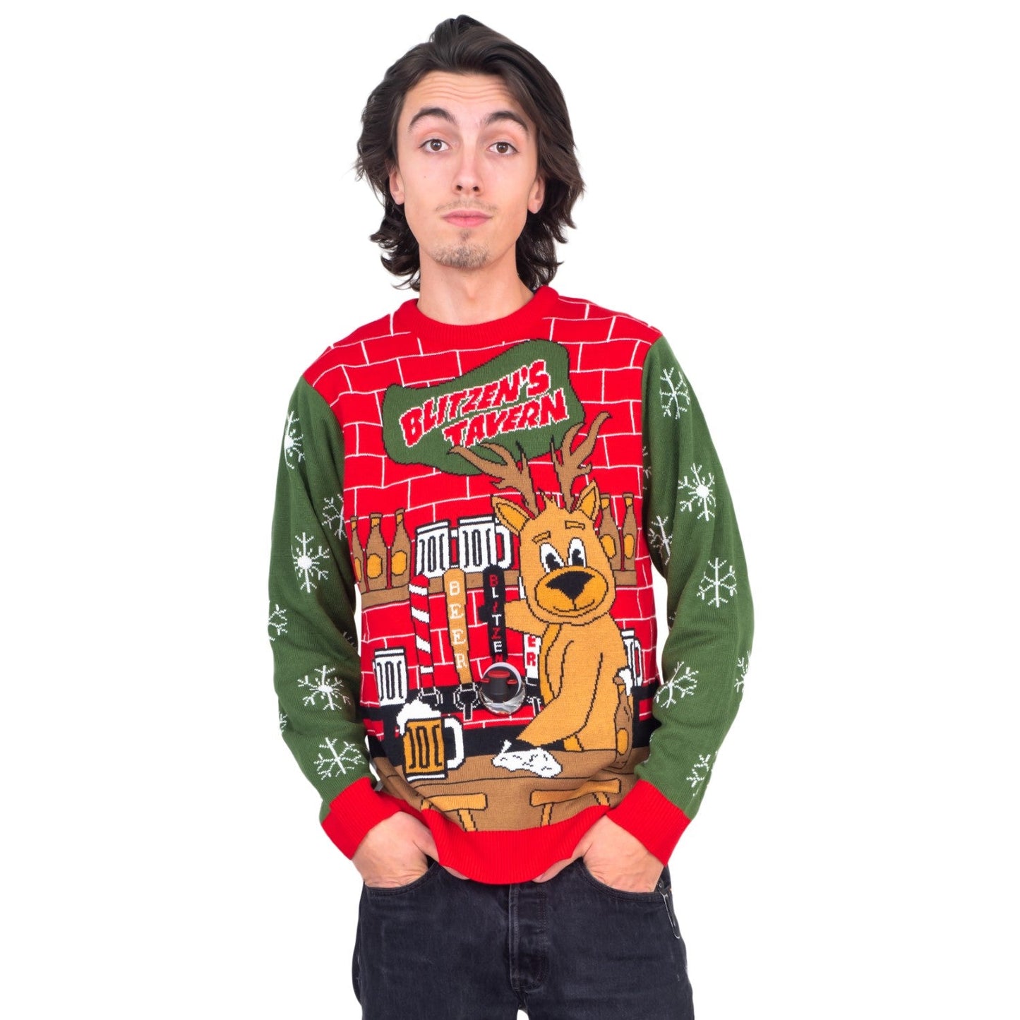 Funny Ugly Christmas Sweater Beverage Dispenser Elfed Up Blitzen's Santa Jingle Juice Knitted Pullover