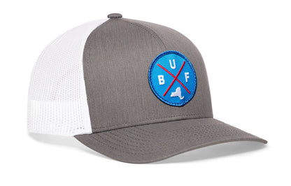 Buffalo Trucker Hat  |  Blue Red BUF X  |  Gray-White Snapback
