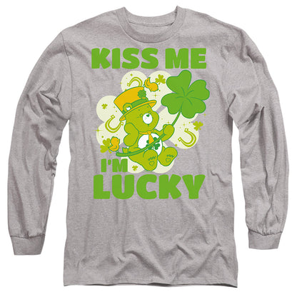 Care Bears Kiss Me I'M Lucky St. Patrick'S Day Good Luck Bear Mens Long Sleeve Shirt Athletic Heather Officially Licensed