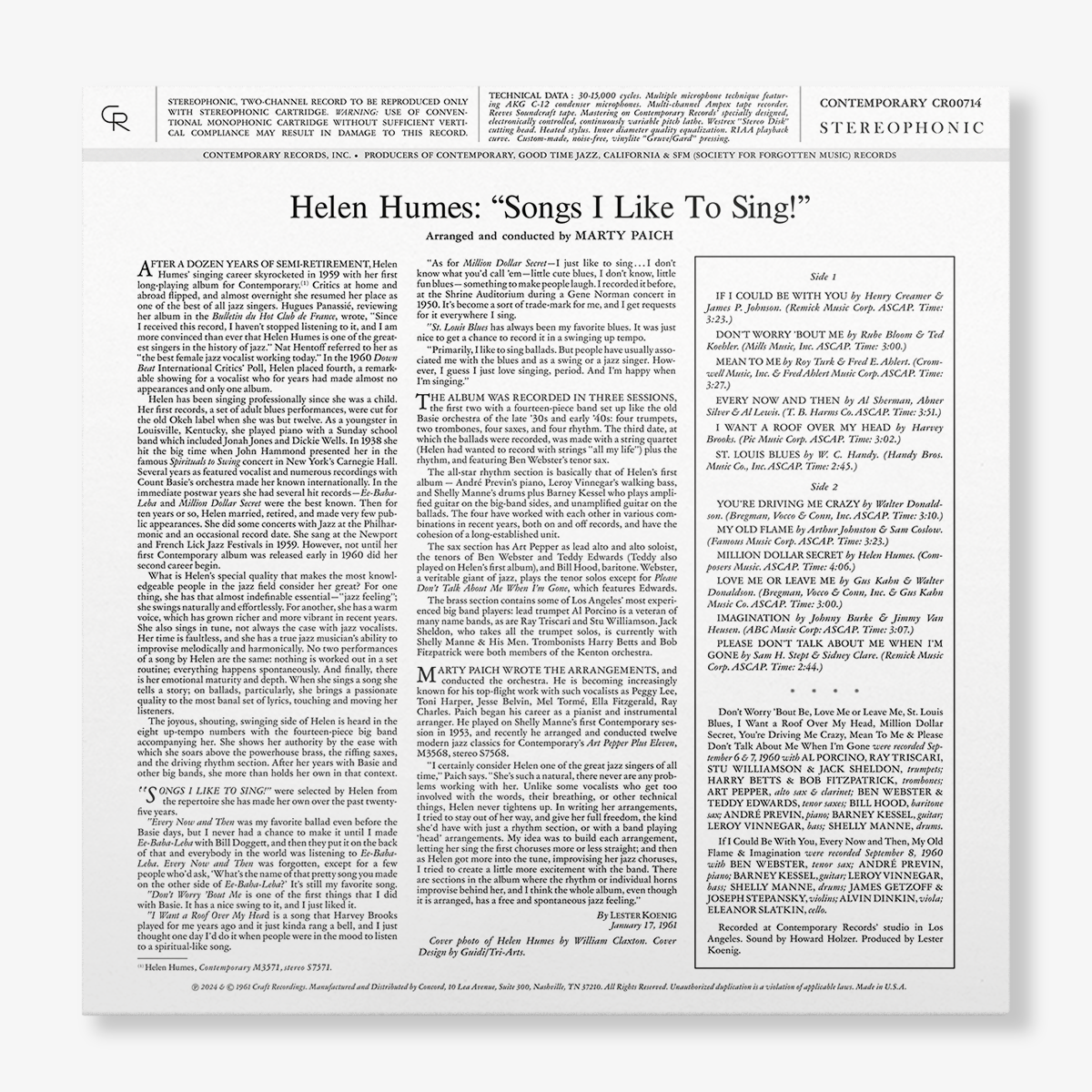 Songs I Like To Sing! - Contemporary Records Acoustic Sounds Series (180g LP) Vinyl Record