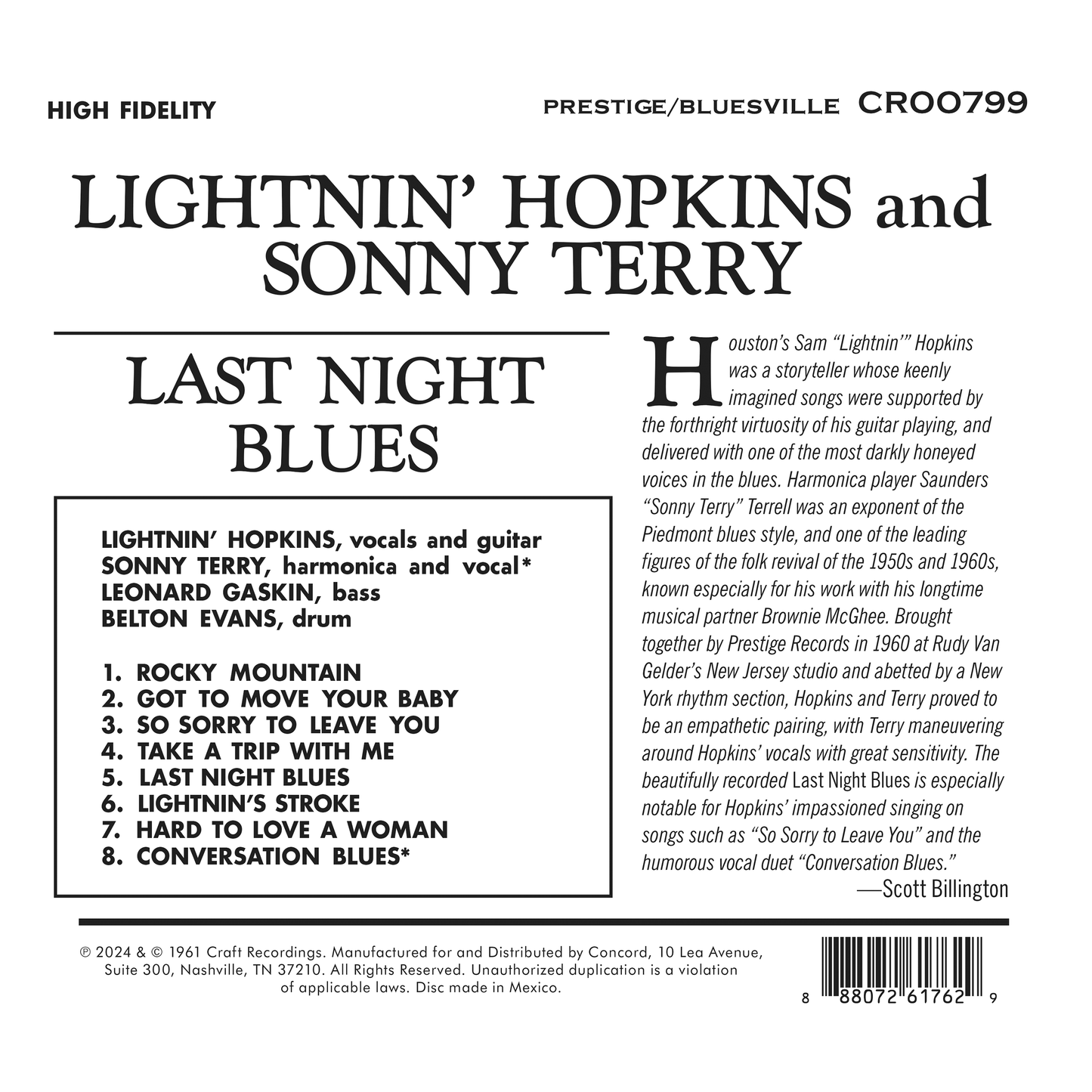 Last Night Blues (Bluesville Series) Music CD