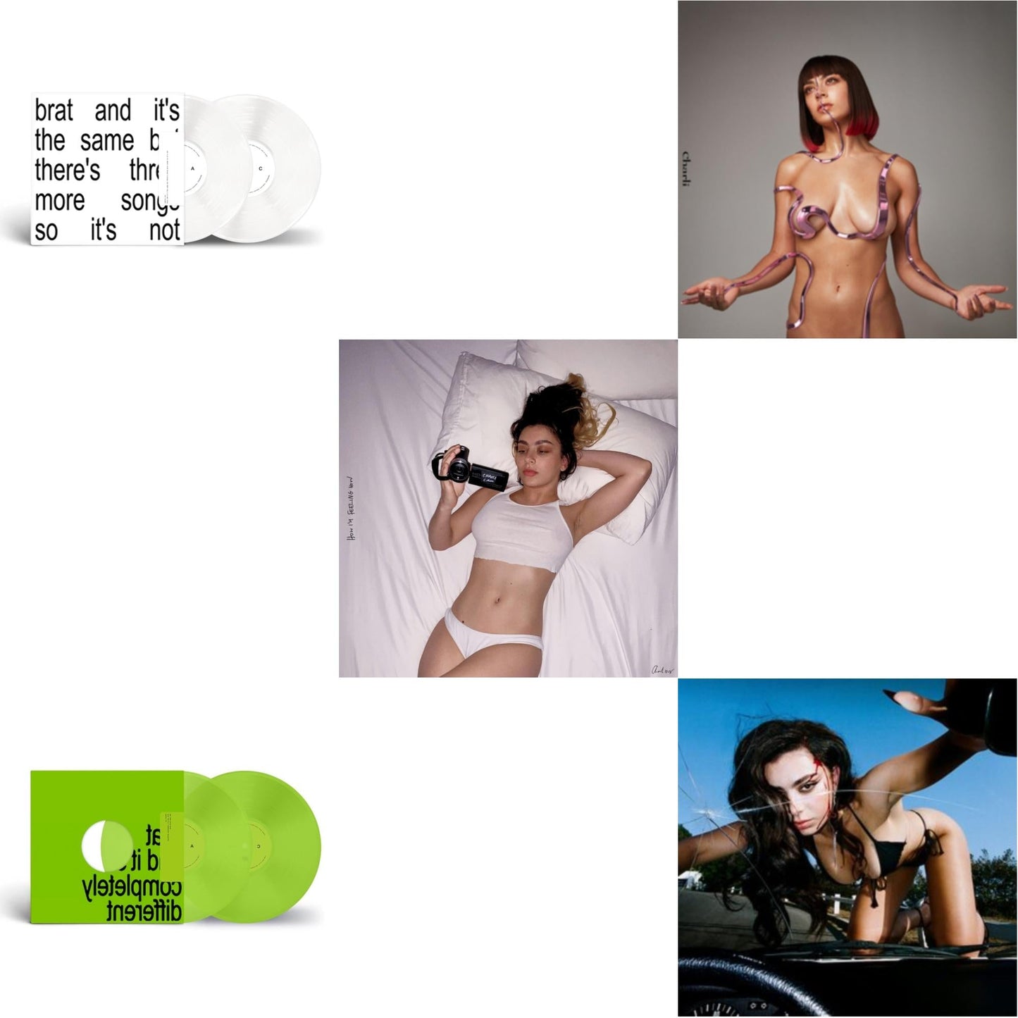 Charli Xcx - Brat & It's The Same But There's Three More Songs So It's Not (2LP/White Vinyl) & Brat & It's Completely Different (2LP/Brat Green Vinyl) & How I'm Feeling Now (Clear LP Vinyl) & Charli Charli (2LP) & Crash